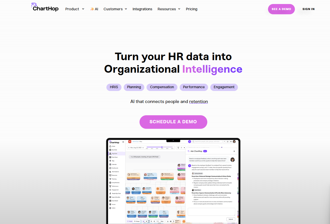 ChartHop centralizes people data into org charts and analytics for smarter HR decisions.