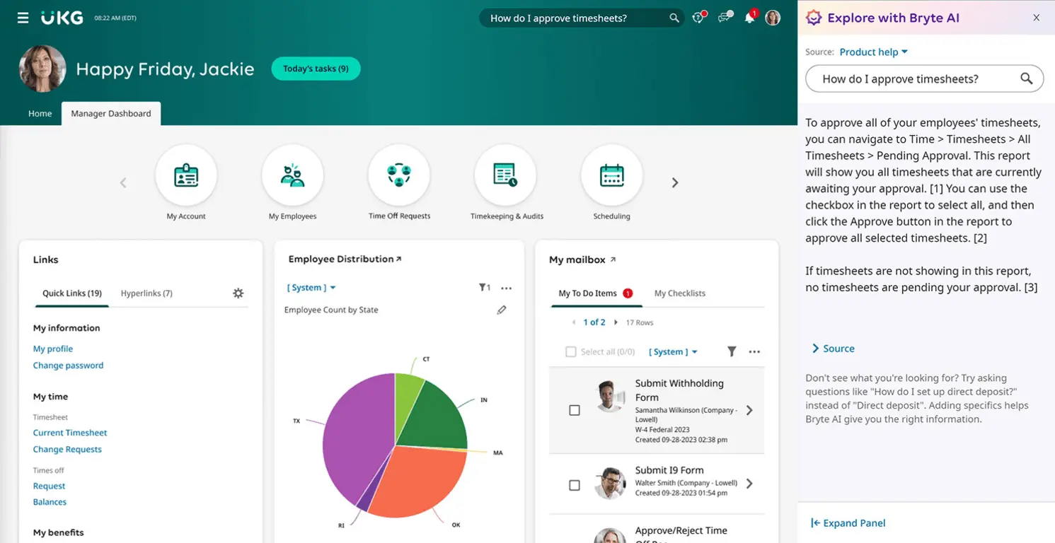 UKG offers AI-driven suggestions for learning and performance alerts.