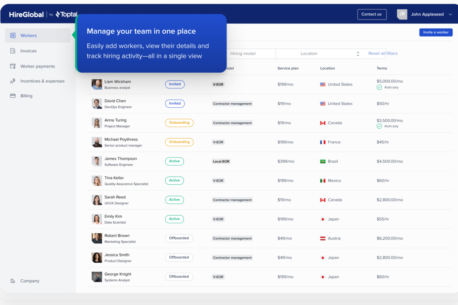 HireGlobal by Toptal dashboard displaying a centralized team management view with worker status, hiring model, location, and payment details.