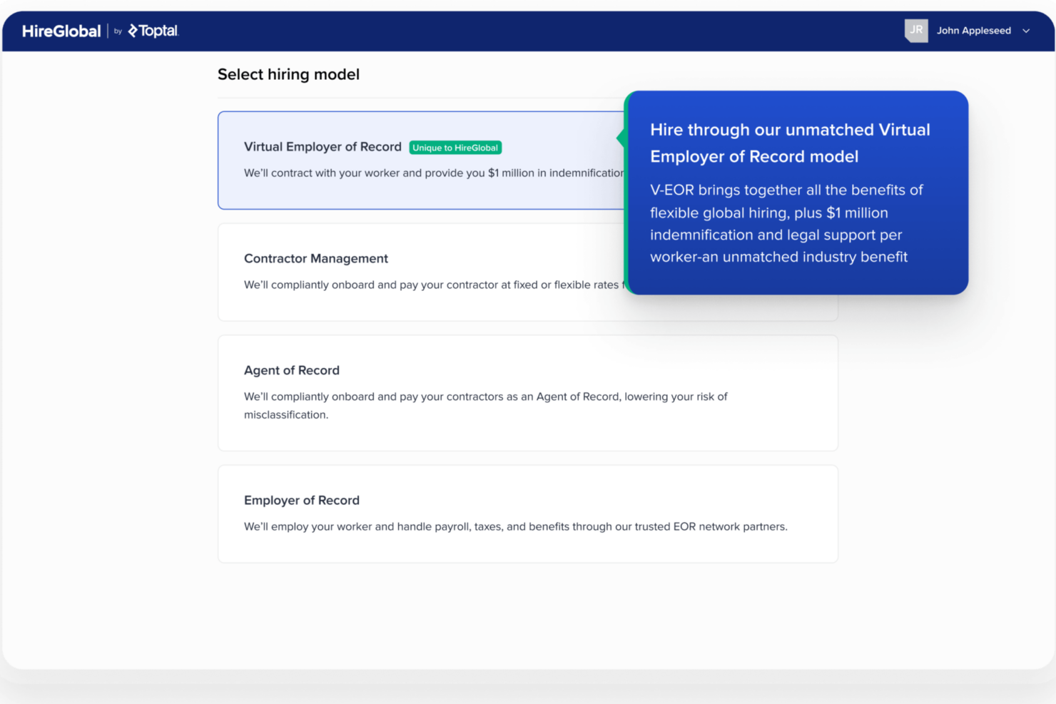 HireGlobal by Toptal interface showing hiring model options, highlighting the Virtual Employer of Record with $1M indemnification and legal support.