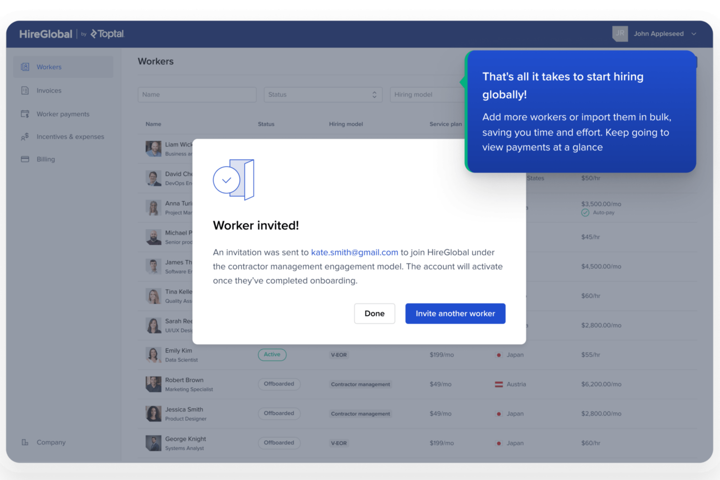 HireGlobal dashboard showing a successful worker invitation confirmation and options to invite additional workers or manage global payments.