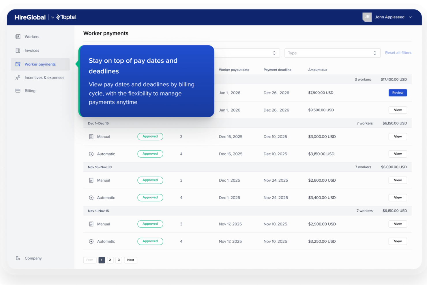 HireGlobal by Toptal worker payments dashboard showing billing cycles, payout dates, approval statuses, and upcoming payment deadlines.