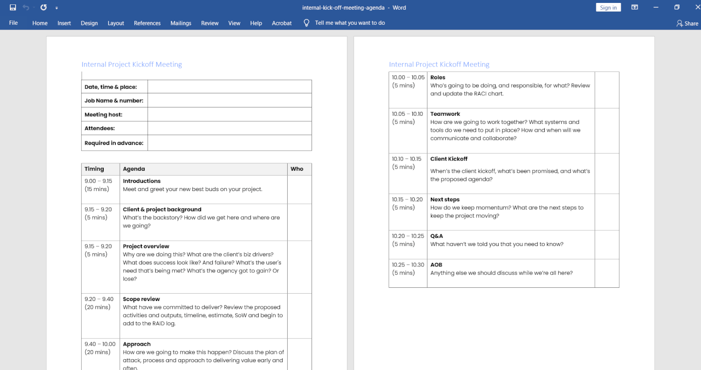 Internal Kickoff Meeting Agenda Template Screenshot