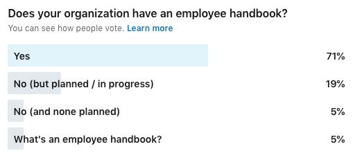 survey results showing whether organizations have an employee handbook or not