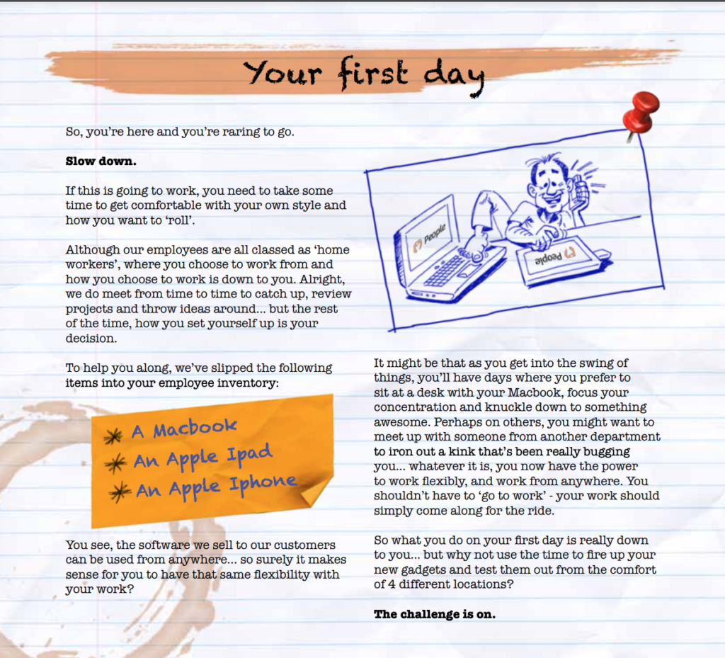 A page from the People employee handbook, showing an example of an entertaining and informative overview of a new hire's first day