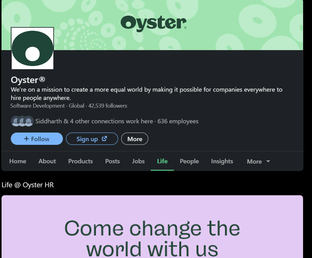 oyster life page on linkedin screenshot