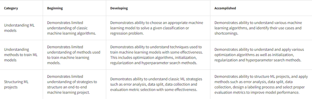 Screenshot of criteria used to grade a student using Workera's testing platform.