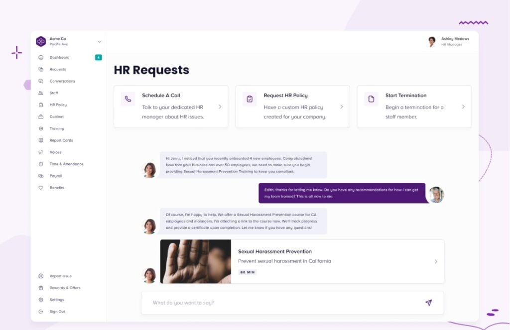 Bambee Software HR Guidance and Support Dashboard view