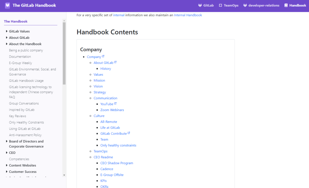 A screenshot of the Table of Contents for Gitlab's employee handbook.
