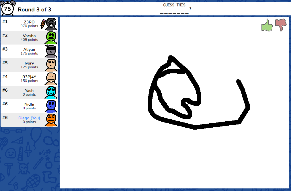A screenshot of a game of Skribbl, in which one person draws an image based on a word they've chosen and other contestants have to guess what it is.