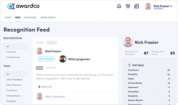 awardco review screenshot showing recognition feed