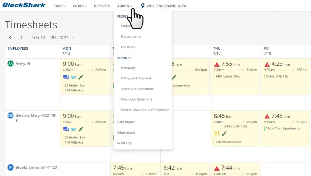 ClockShark software review, a screenshot of the tool's timesheets dashboard