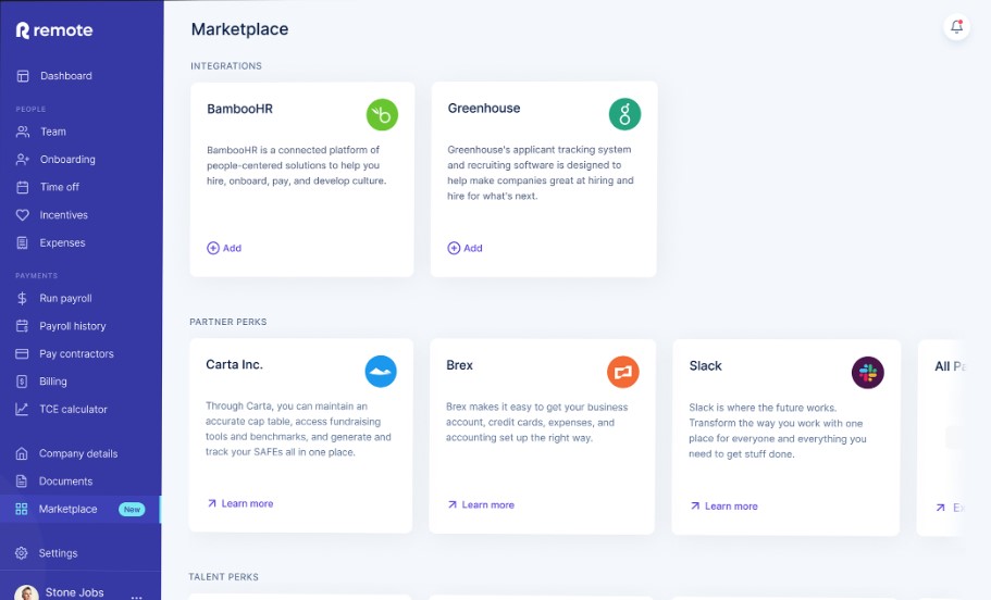 Remote review, a screenshot of its marketplace dashboard