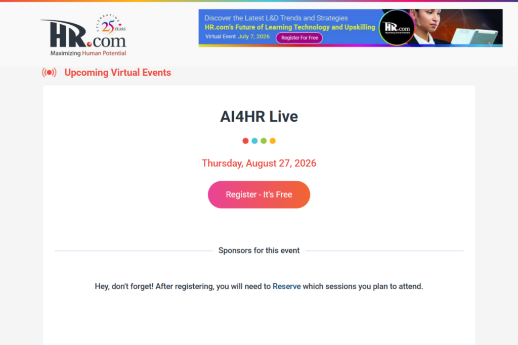 AI4HR Live 2026 virtual event registration page highlighting AI and HR topics