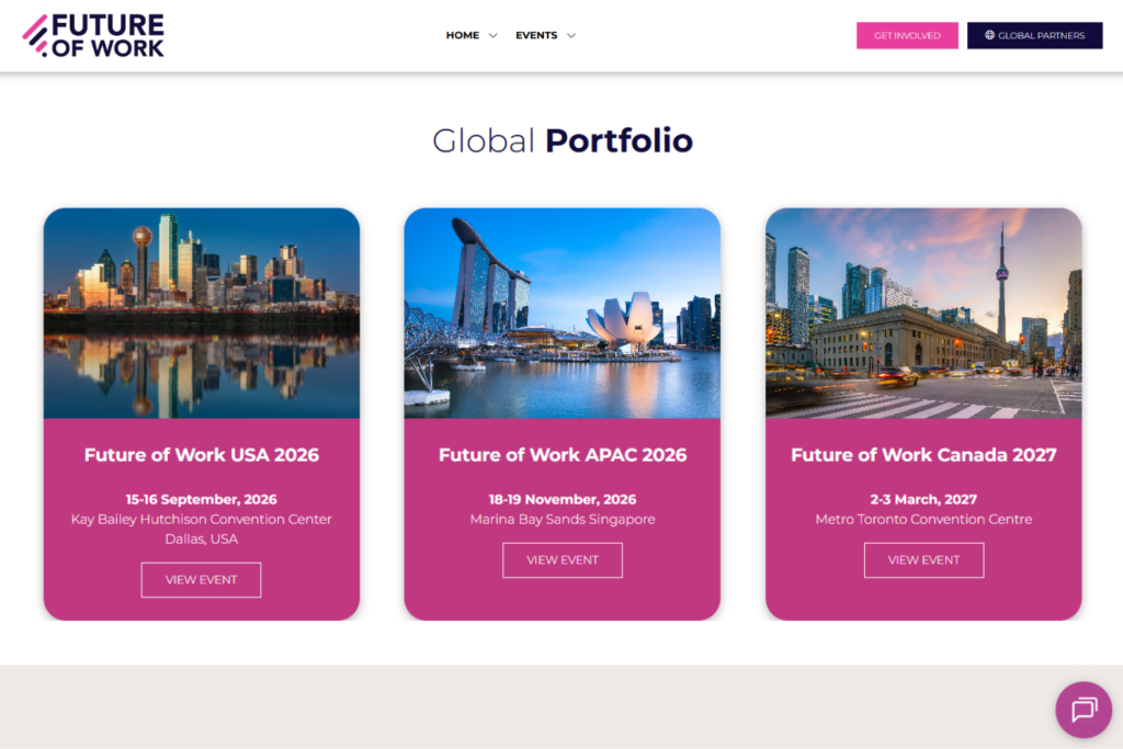 Future of Work event portfolio featuring conferences in the USA, APAC, and Canada