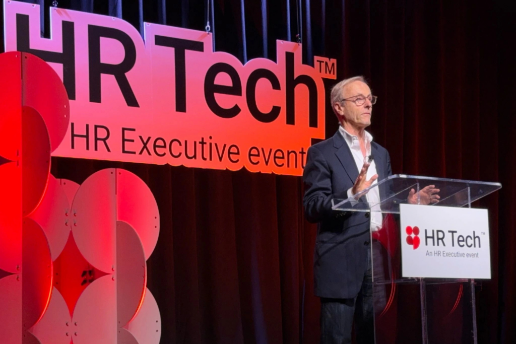 Speaker Josh Bersin delivering the closing keynote at HR Tech 2025