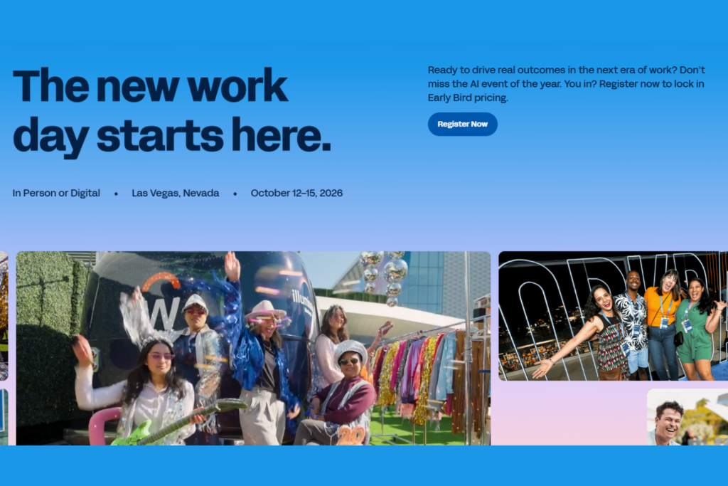 Promotional banner for Workday Rising 2026 featuring event attendees and activities