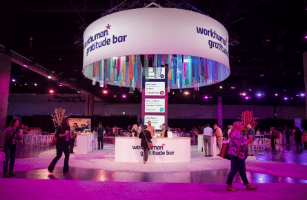 Attendees wander inside the venue of the Workhuman Live conference