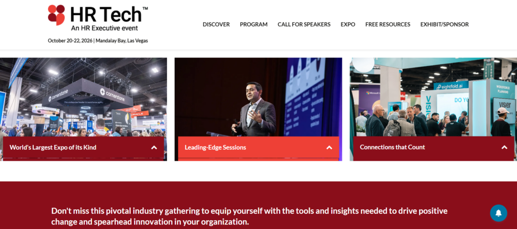 HR Technology Conference and Expo exhibition hall with HR technology vendors and conference attendees