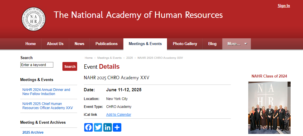 NAHR 2025 CHRO Academy XXV, landing page