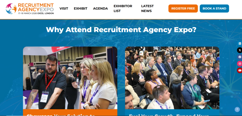 Recruitment Agency Expo exhibition floor with staffing agencies and vendors networking at booths.