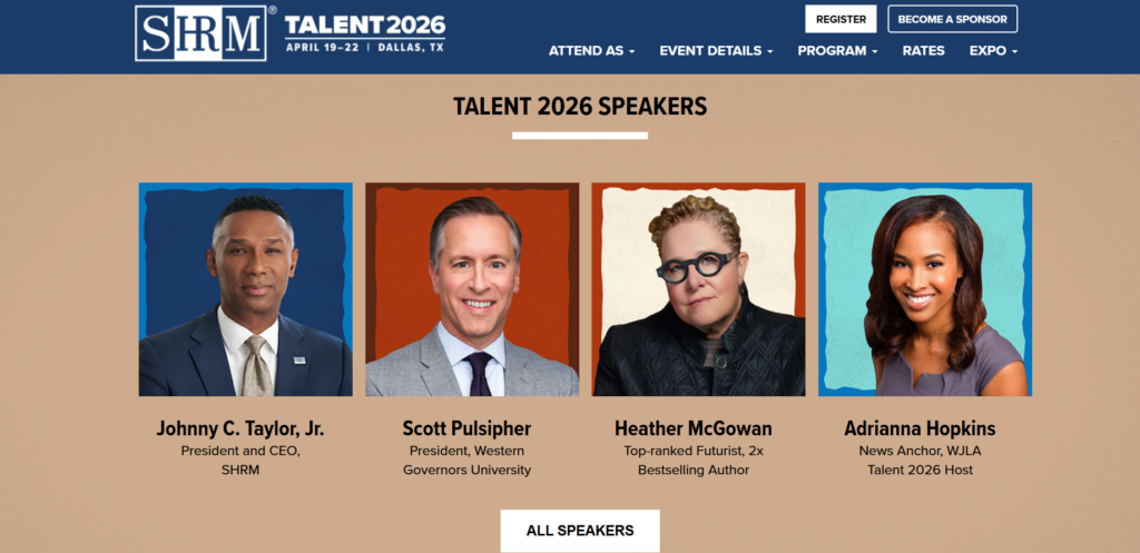 SHRM Talent Conference keynote session with HR leaders presenting on talent acquisition strategy.