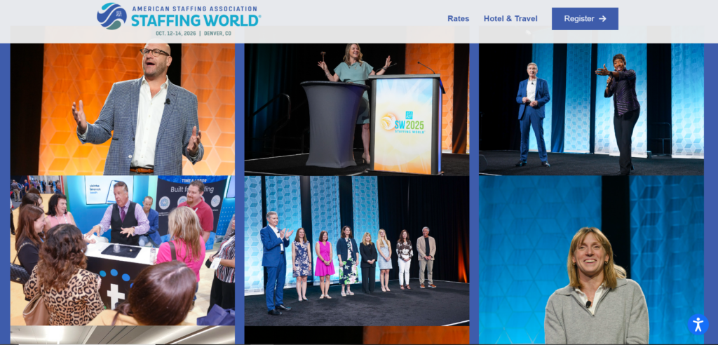Staffing World conference keynote session with large audience of staffing professionals in attendance.