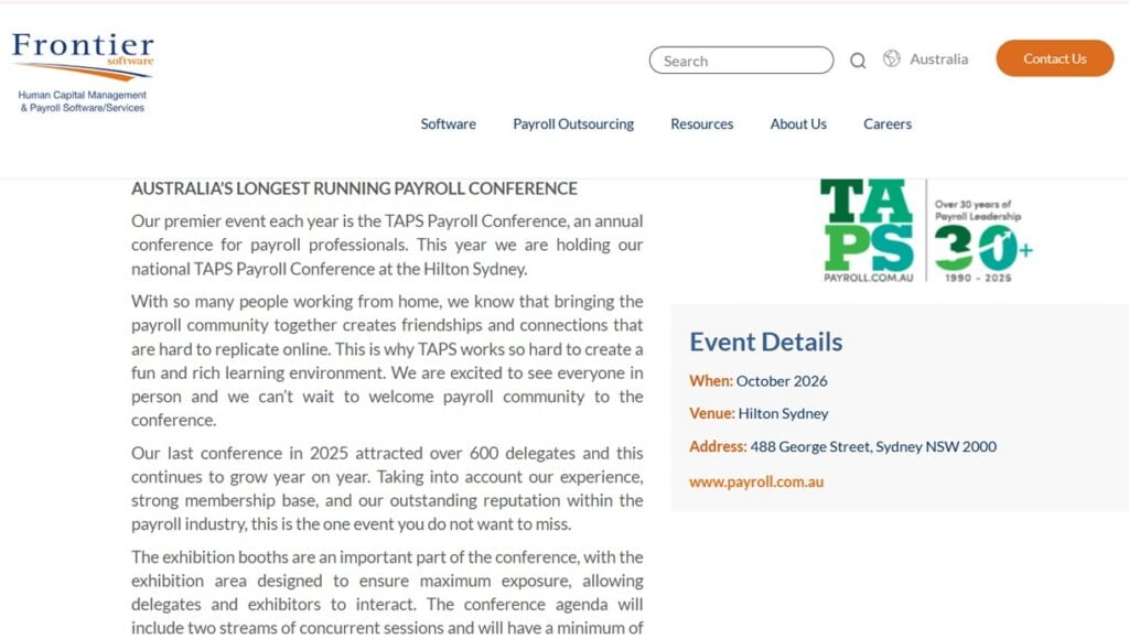 Página de inicio con resumen de la conferencia de la TAPS Payroll Conference