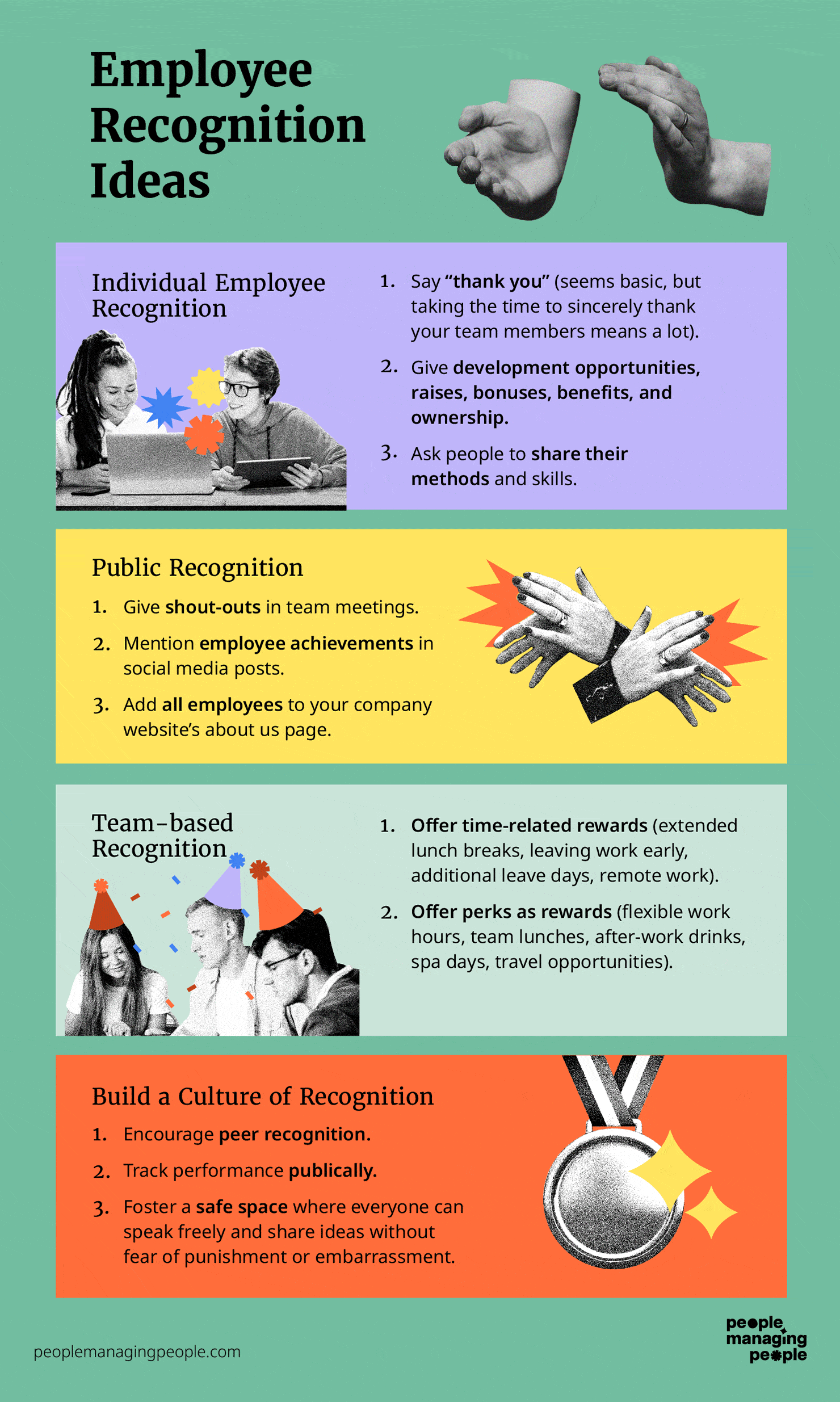 Infographic with individual employee recognition, public recognition, and team-based recognition ideas and how to build a culture of recognition.