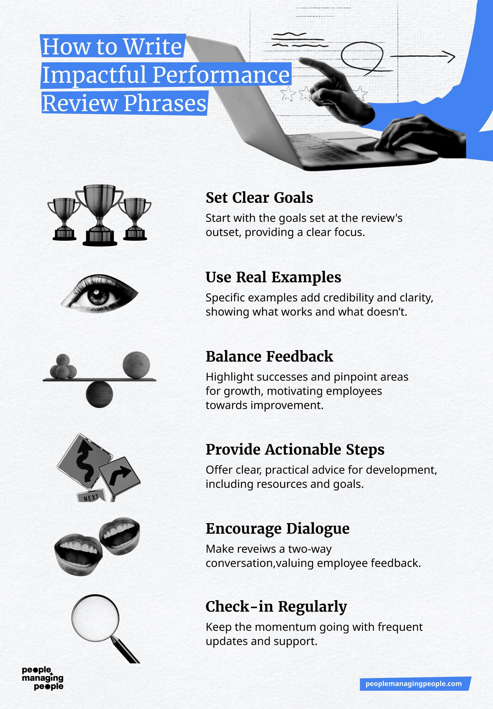 Infographic explaining how to write impactful performance review phrases.