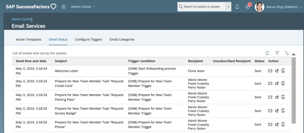 Screenshot of SAP SuccessFactors' onboarding tools, including automated onboarding emails