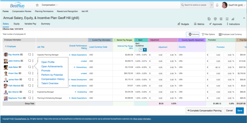 Screenshot of SAP SuccessFactors compensation management features, including an Annual Salary, Equity, and Incentive plan.