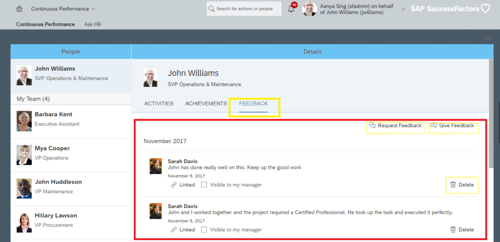 Screenshot of SAP SuccessFactors' continuous performance management features, including Feedback features