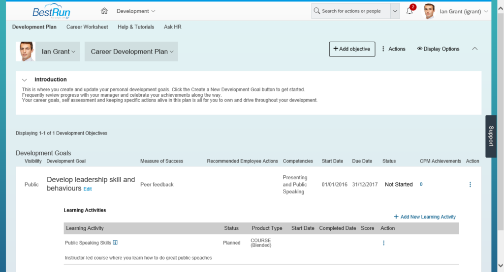 Screenshot of SAP SuccessFactors' learning management system and development features