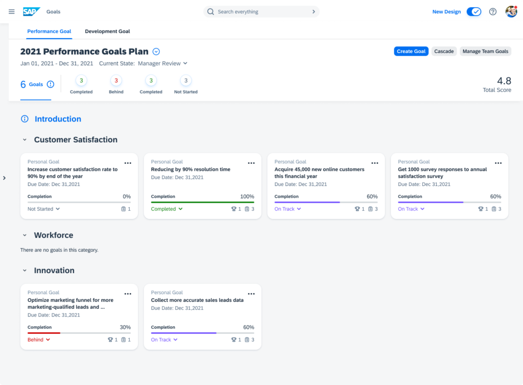 Screenshot of SAP SuccessFactors' performance and goal management features, including a Performance Goals Plan for 2021