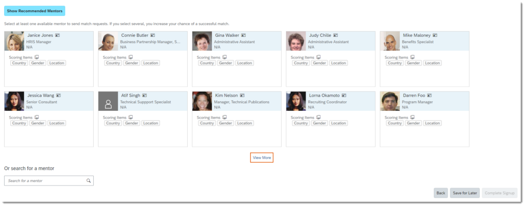 Screenshot of SAP SuccessFactors' succession and development plan, including a list of recommended mentors