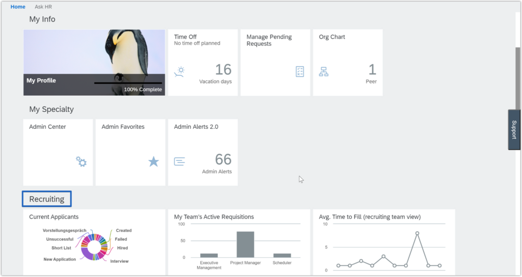 Screenshot of SAP SuccessFactors' user-friendly interface, including time off information and an org chart