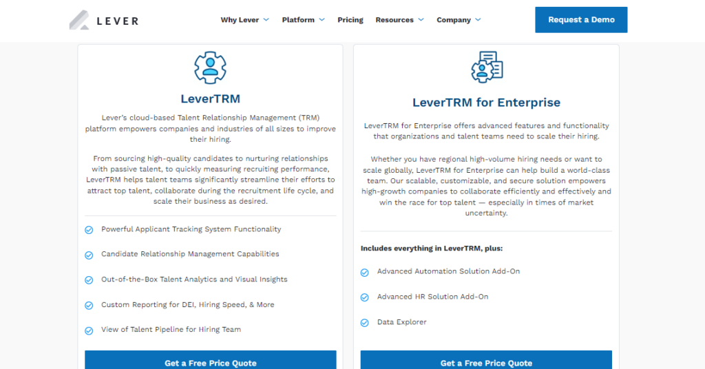 LeverTRM prcing plans screenshot