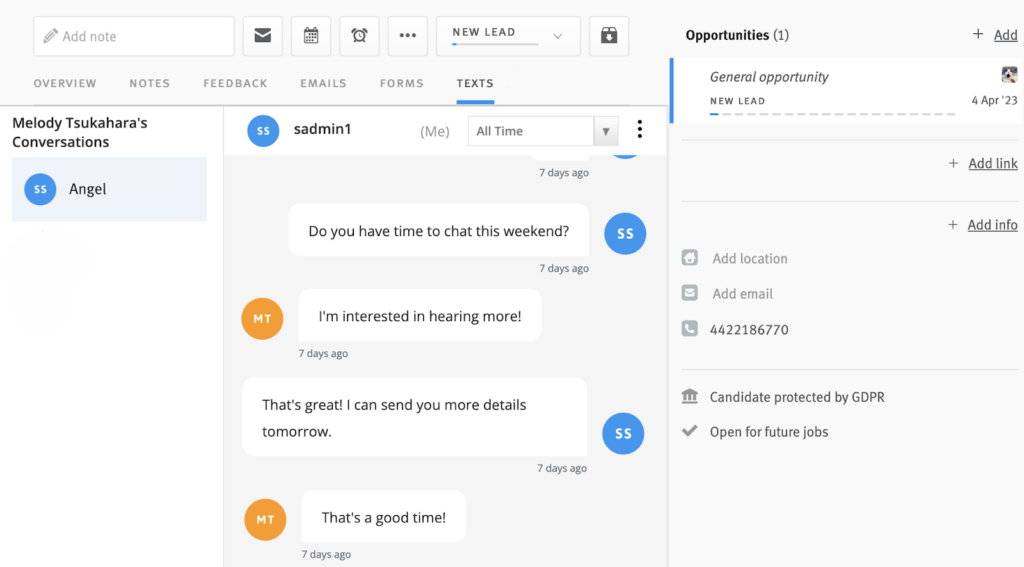 LeverTRM candidate messaging screenshot