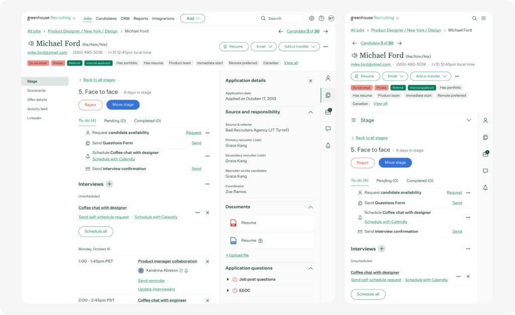 An example of a candidate profile in Greenhouse ATS