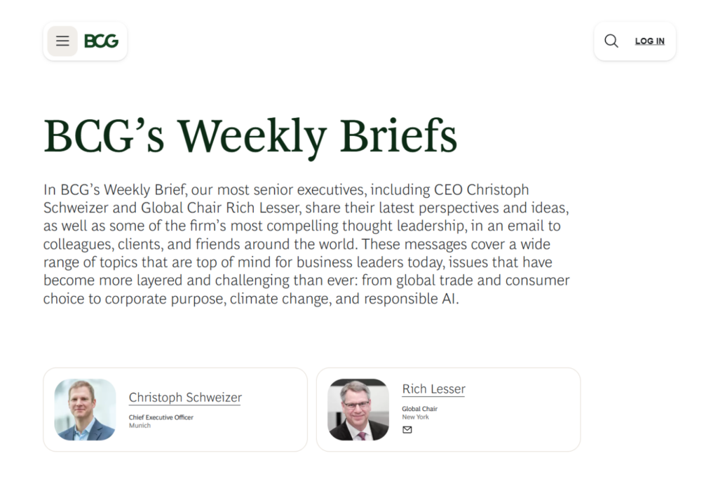 BCG Weekly Briefs page introducing executive insights and leadership topics