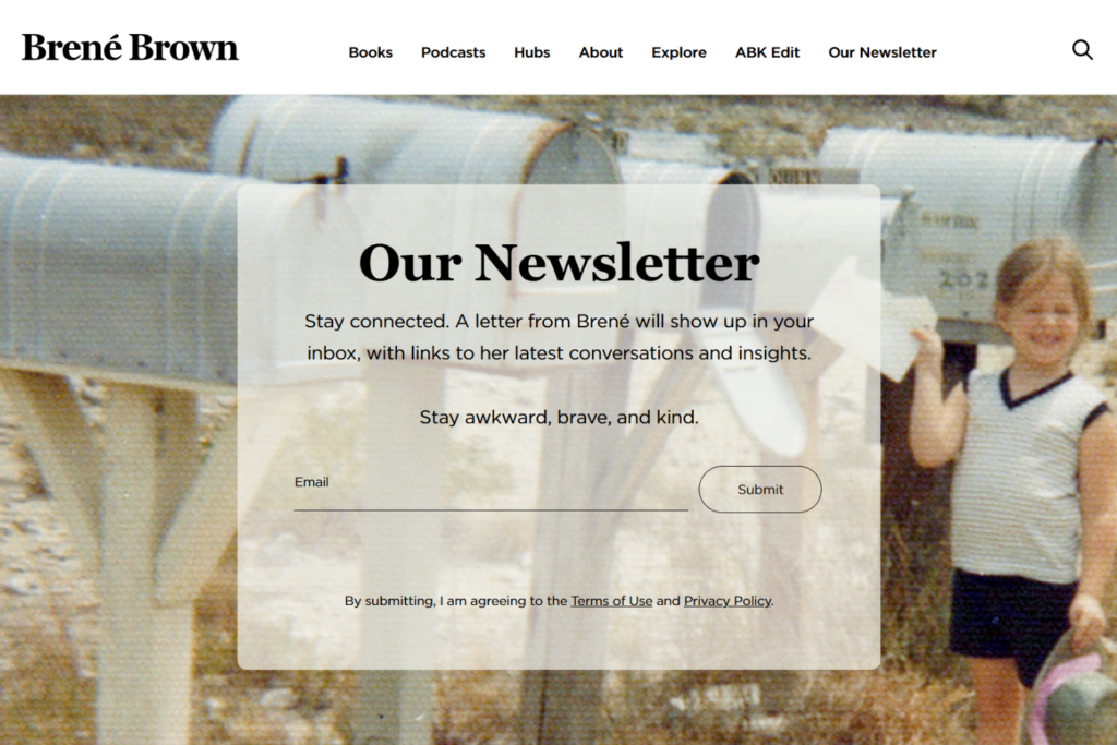 Brené Brown email newsletter signup page