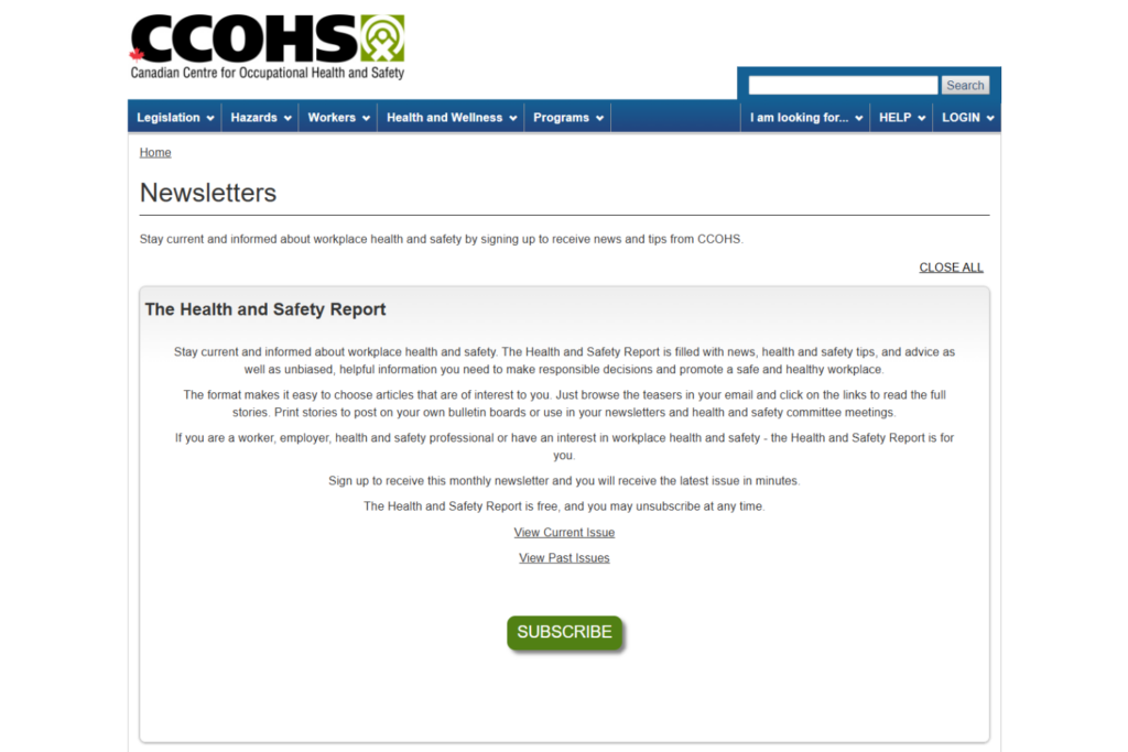 CCOHS Health and Safety Report newsletter page with subscription information