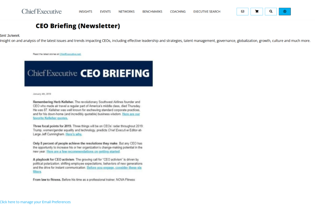 CEO Briefing newsletter page with executive leadership news and analysis
