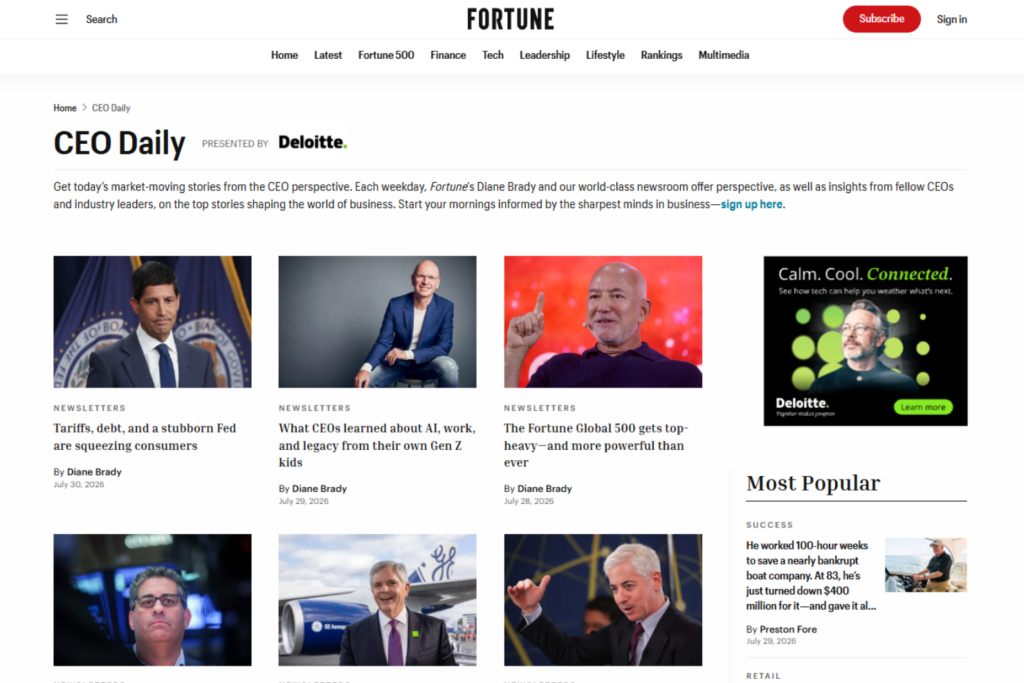 CEO Daily newsletter page featuring business news and executive perspectives
