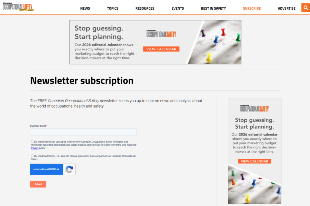 Canadian Occupational Safety newsletter subscription page with email signup form
