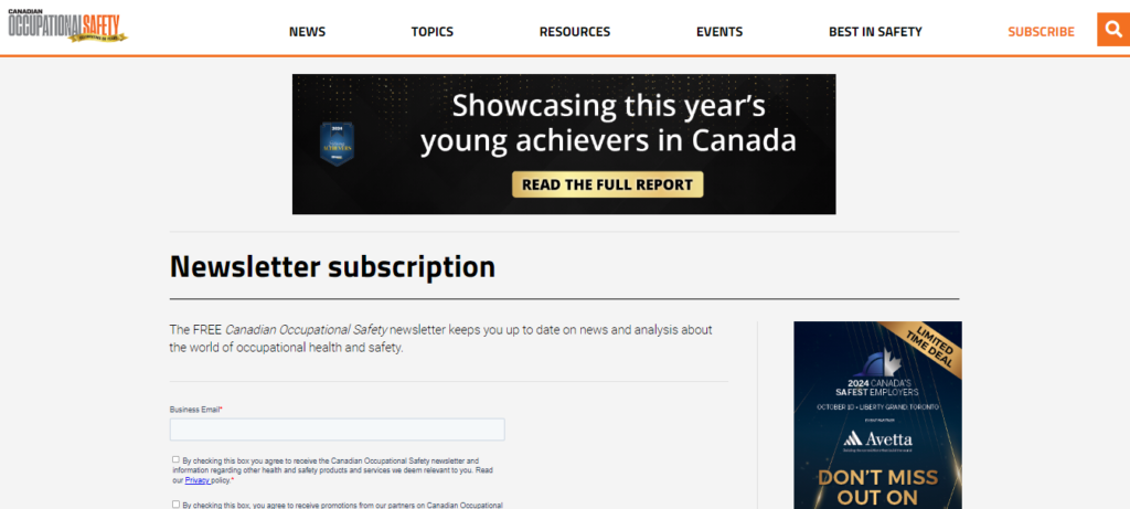 Canadian Occupational Safety newsletter subscription page