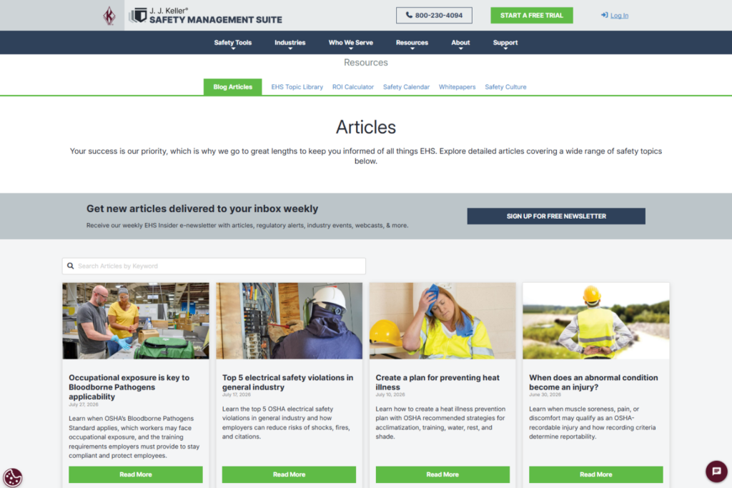 EHS Insider articles page with newsletter signup and workplace safety resources