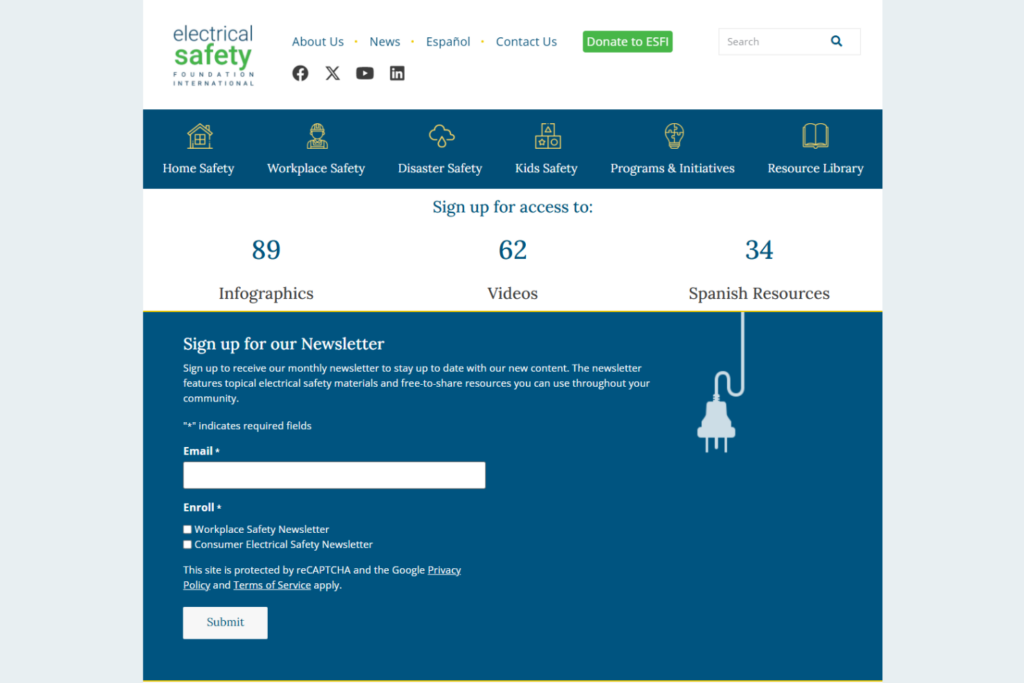 ESFI newsletter signup page featuring electrical safety subscription information