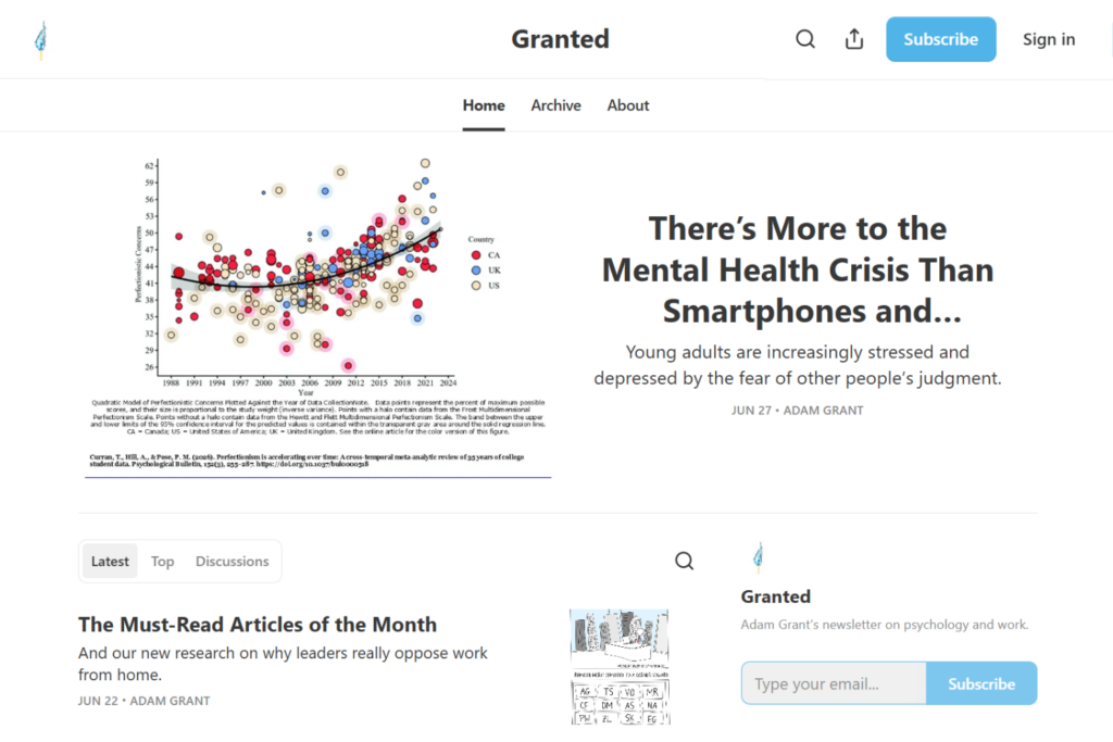 Granted Substack homepage featuring articles on psychology and workplace leadership